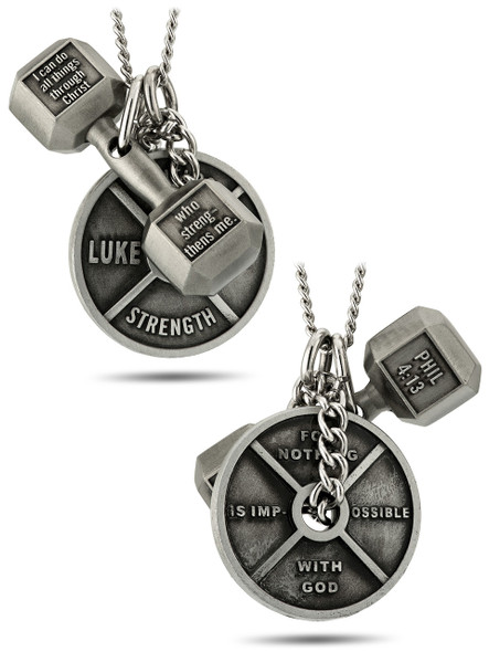 Shields of Strength Women's Antique Finish Combo Necklace-Phil 4:13 Dumbbell/Luke 1:37 Weight Plate-Front and Back View Shields of Strength Women's Antique Finish Combo Necklace-Phil 4:13 Dumbbell/Luke 1:37 Weight Plate-Front and Back View
