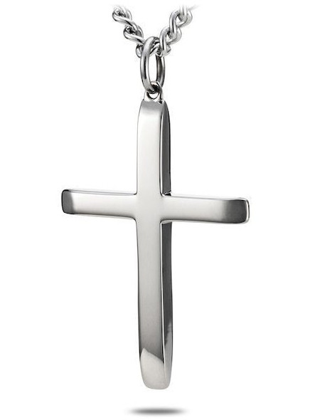 Front view of men's tapered cross necklace with John 19:30 'It is finished' bible verse engraving in stainless steel – meaningful Christian gift for daily faith reminder from Shields of Strength. Front view of men's tapered cross necklace with John 19:30 'It is finished' bible verse engraving in stainless steel – meaningful Christian gift for daily faith reminder from Shields of Strength.