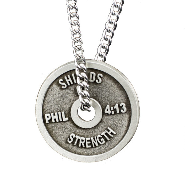 Shields Of Strength Women's Antique Finish Target Weight Plate Necklace-Phil 4:13-Front View Shields Of Strength Women's Antique Finish Target Weight Plate Necklace-Phil 4:13-Front View