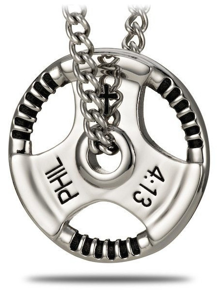 Shields of Strength Men's Stainless Steel Grip Plate Necklace-Phil 4:13 Front View Shields of Strength Men's Stainless Steel Grip Plate Necklace-Phil 4:13 Front View
