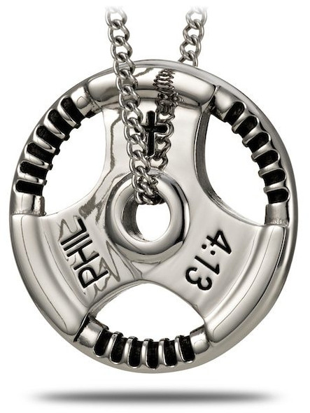 Shields of Strength Women's Stainless Steel Grip Plate Necklace-Philippians 4:13 Front View