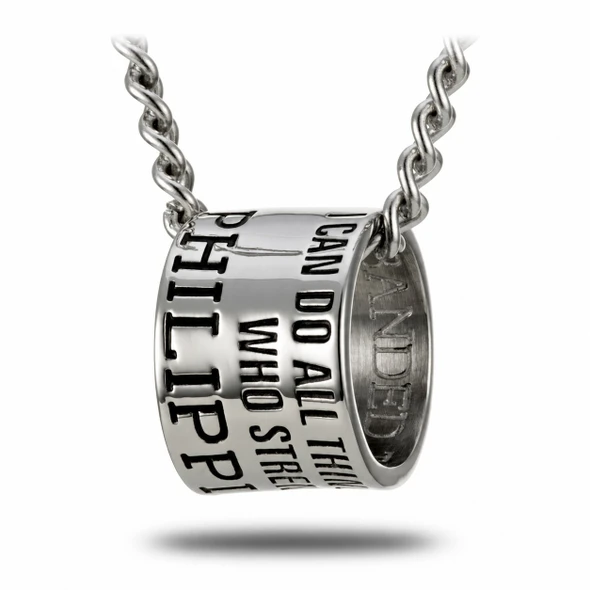 Shields of Strength Men's Stainless Steel Duck Band Necklace Inscribed with Philippians 4:13 Bible Verse for Hunters - Christian Gift