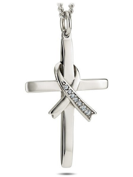 Front View Women's Stainless Steel Crystal Ribbon Cross Necklace with Isaiah 46:4. Elegant faith jewelry for her. Front View Women's Stainless Steel Crystal Ribbon Cross Necklace with Isaiah 46:4. Elegant faith jewelry for her.