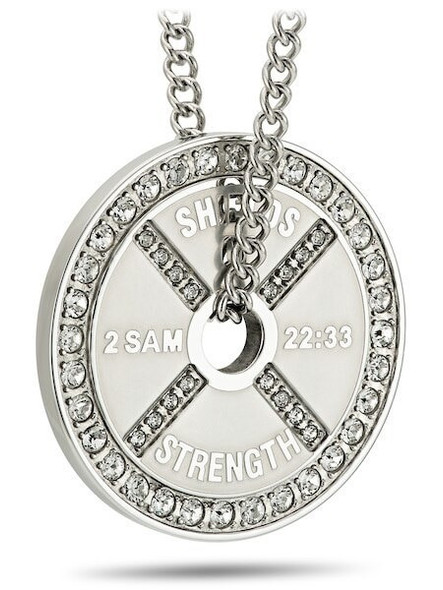 Women's Stainless Weight Plate accented with Swarovski Crystals Necklace-2 Samuel 22:33-Front View