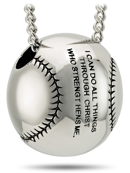 Shields Of Strength Women's Stainless Steel 3-D Softball Pendant Necklace-Phil 4:13. Back View Shields Of Strength Women's Stainless Steel 3-D Softball Pendant Necklace-Phil 4:13. Back View