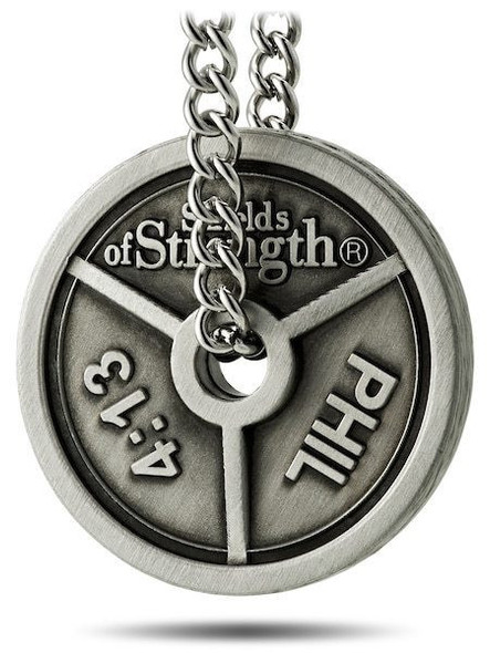 Shields of Strength Men's Antique Finish 3-Bar Weight Plate Necklace- Phil 4:13 Front View Shields of Strength Men's Antique Finish 3-Bar Weight Plate Necklace- Phil 4:13 Front View