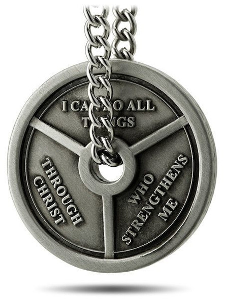 Shields of Strength Men's Antique Finish 3-Bar Weight Plate Necklace- Phil 4:13 Back View Shields of Strength Men's Antique Finish 3-Bar Weight Plate Necklace- Phil 4:13 Back View