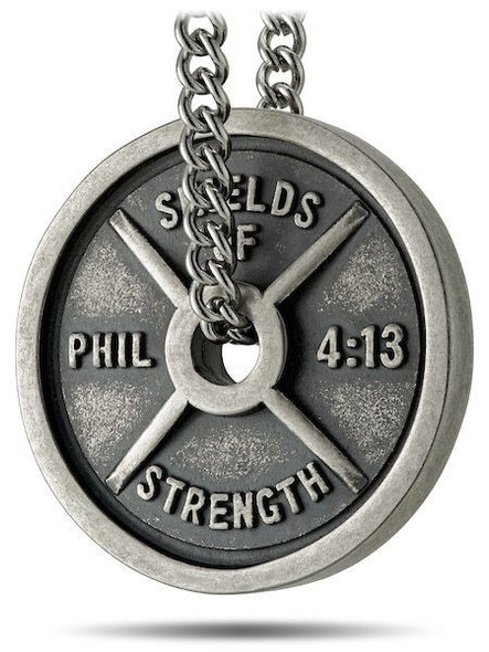 Shields of Strength Men's Stainless Steel with Antique Finish Weight Plate Necklace-Phil 4:13- Front View Shields of Strength Men's Stainless Steel with Antique Finish Weight Plate Necklace-Phil 4:13- Front View