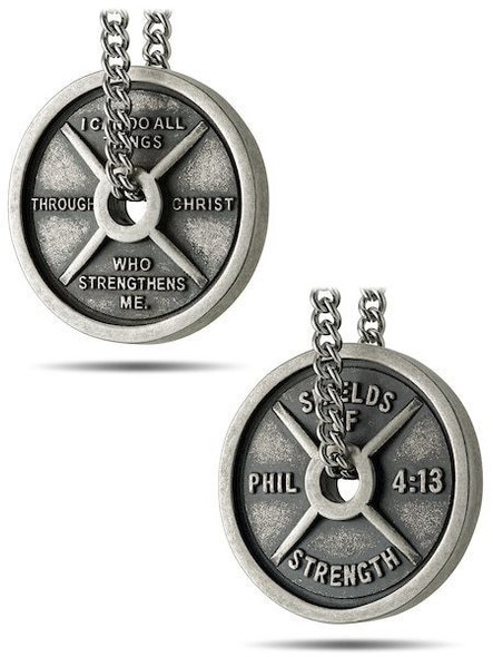 Shields of Strength Men's Stainless Steel with Antique Finish Weight Plate Necklace-Phil 4:13- Front and Back View Shields of Strength Men's Stainless Steel with Antique Finish Weight Plate Necklace-Phil 4:13- Front and Back View