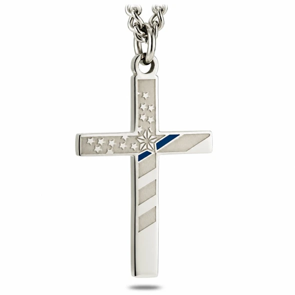 Men's Thin Blue Line Flag Cross Necklace - Proverbs 30:5