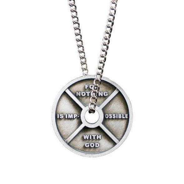 Shields Of Strength Women's Antique Finish High Relief Weight Plate Necklace-Luke 1:37-Back View Shields Of Strength Women's Antique Finish High Relief Weight Plate Necklace-Luke 1:37-Back View