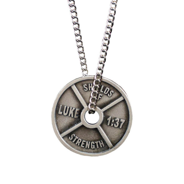 Shields Of Strength Women's Antique Finish High Relief Weight Plate Necklace-Luke 1:37-Front View Shields Of Strength Women's Antique Finish High Relief Weight Plate Necklace-Luke 1:37-Front View