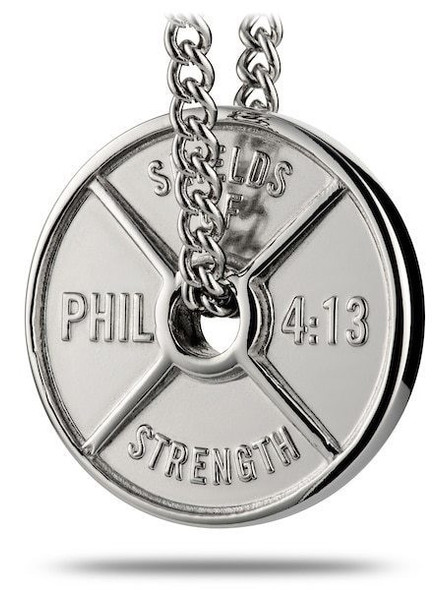 Shields of Strength Men's Stainless Steel High Relief Weight Plate Necklace-Phil 4:13 Front View Shields of Strength Men's Stainless Steel High Relief Weight Plate Necklace-Phil 4:13 Front View