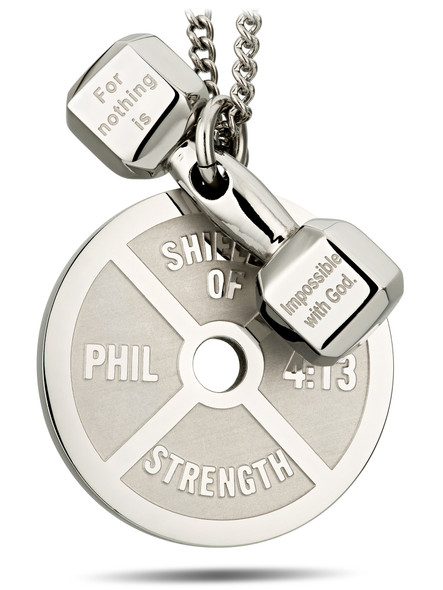 Shields of Strength Women's Stainless Combo Necklace-Phil 4:13 Weight Plate/Luke 1:37 Mini Dumbbell-Front View Shields of Strength Women's Stainless Combo Necklace-Phil 4:13 Weight Plate/Luke 1:37 Mini Dumbbell-Front View