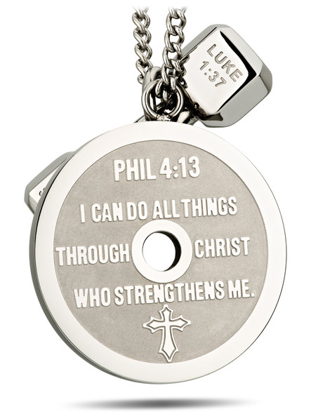 Shields of Strength Women's Stainless Combo Necklace-Phil 4:13 Weight Plate/Luke 1:37 Mini Dumbbell -Back View Shields of Strength Women's Stainless Combo Necklace-Phil 4:13 Weight Plate/Luke 1:37 Mini Dumbbell -Back View