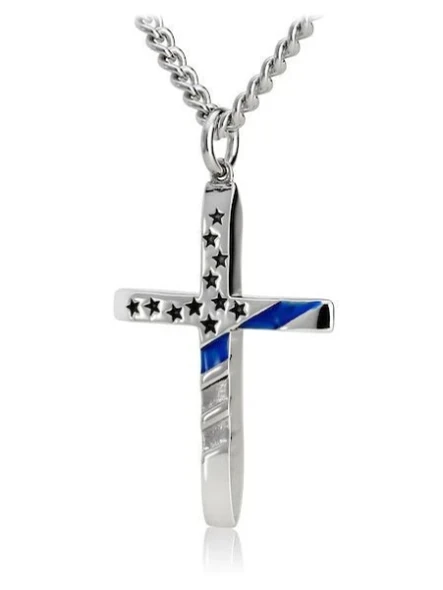 Men's Tapered Flag Cross with Thin Blue Line Necklace - John 19:30