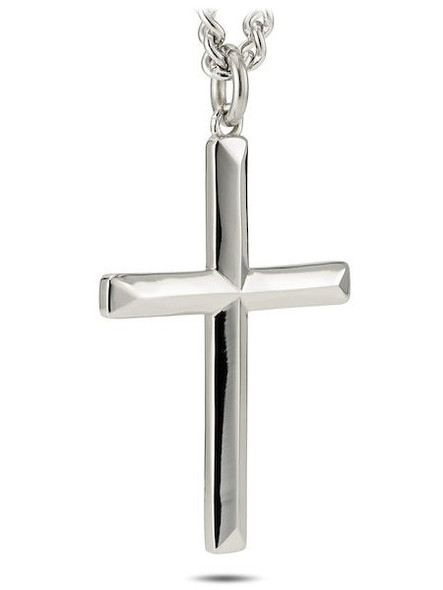 Men's silver-colored three-dimensional ridge cross necklace with John 19:30 inscription, crafted from surgical grade stainless steel. -Front View Men's silver-colored three-dimensional ridge cross necklace with John 19:30 inscription, crafted from surgical grade stainless steel. -Front View