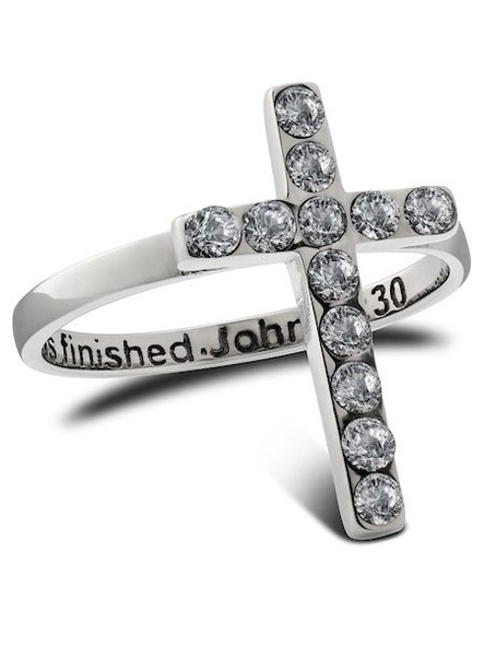 Women's Thin Cross Ring with Swarovski Crystals-John 19:30- Front View Women's Thin Cross Ring with Swarovski Crystals-John 19:30- Front View