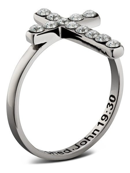Women's Thin Cross Ring with Swarovski Crystals-John 19:30- Side View Women's Thin Cross Ring with Swarovski Crystals-John 19:30- Side View