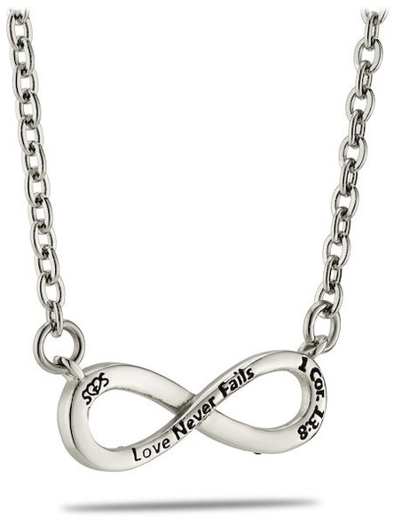 Shields of Strength Infinity with Clear Swarovski Crystals Necklace -1 Cor.13:8 Back View Shields of Strength Infinity with Clear Swarovski Crystals Necklace -1 Cor.13:8 Back View