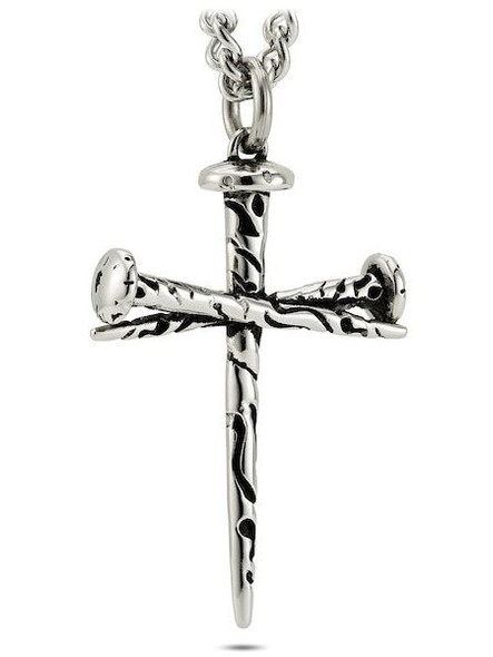Front View Men's Nail Cross Necklace John 19:30 in surgical-grade stainless steel, featuring a hammered finish three nail cross pendant with authentic spike design, shown on a matching curb chain. Front View Men's Nail Cross Necklace John 19:30 in surgical-grade stainless steel, featuring a hammered finish three nail cross pendant with authentic spike design, shown on a matching curb chain.