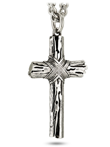 Men's stainless steel woodgrain cross pendant with 1 John 2:25 inscription. Durable, hypoallergenic faith necklace.-Front View Men's stainless steel woodgrain cross pendant with 1 John 2:25 inscription. Durable, hypoallergenic faith necklace.-Front View