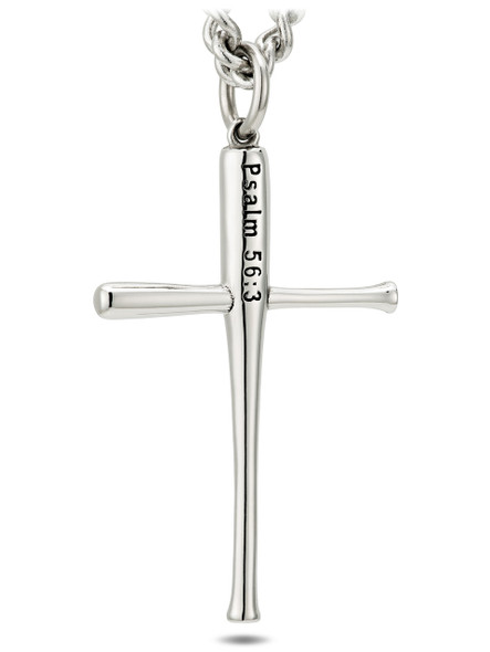 Women's stainless steel softball bat cross necklace with Psalm 56:3 engraving on a curb chain. Christian athlete jewelry.-Front View Women's stainless steel softball bat cross necklace with Psalm 56:3 engraving on a curb chain. Christian athlete jewelry.-Front View