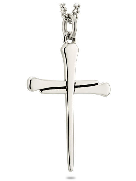 Women's stainless horseshoe nail cross necklace with John 19:30 inscription. Surgical-grade, non-tarnish Christian pendant.-John 19:30 -Front View Women's stainless horseshoe nail cross necklace with John 19:30 inscription. Surgical-grade, non-tarnish Christian pendant.-John 19:30 -Front View