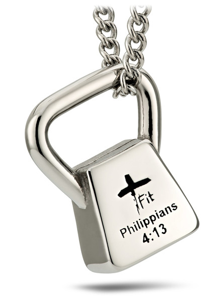 Shields of Strength Women's Stainless Steel Cross Fit Kettlebell Necklace- Philippians 4:13-Front View Shields of Strength Women's Stainless Steel Cross Fit Kettlebell Necklace- Philippians 4:13-Front View