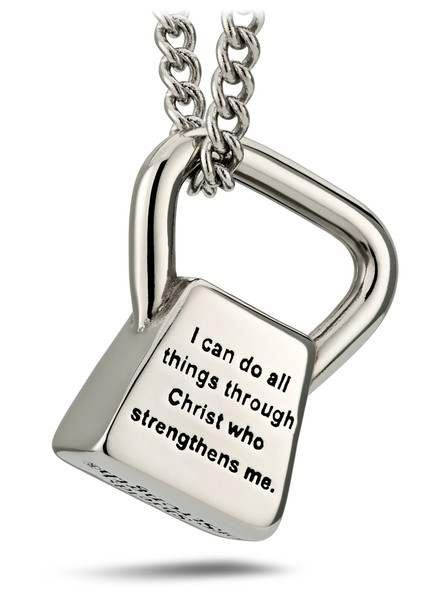 Shields of Strength Women's Stainless Steel Cross Fit Kettlebell Necklace- Philippians 4:13-Back View Shields of Strength Women's Stainless Steel Cross Fit Kettlebell Necklace- Philippians 4:13-Back View