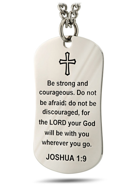 Men's stainless steel dog tag necklace with Joshua 1:9 & Psalm 91 inscriptions, front view on white background.