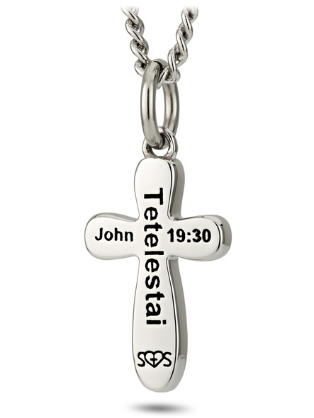 Women's Stainless Steel Wave Cross Necklace- John 19:30-Back View Women's Stainless Steel Wave Cross Necklace- John 19:30-Back View