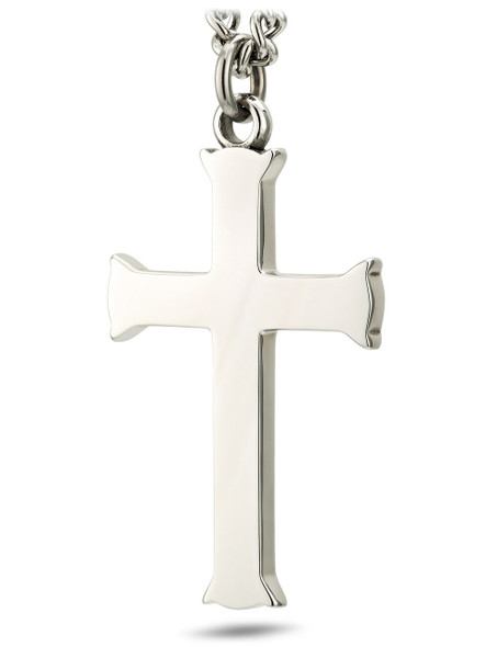 Men's Stainless Steel Flare Cross Necklace- Philippians 4:13-Front View Men's Stainless Steel Flare Cross Necklace- Philippians 4:13-Front View