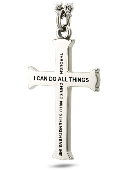 Men's Stainless Steel Flare Cross Necklace- Philippians 4:13-Back View Men's Stainless Steel Flare Cross Necklace- Philippians 4:13-Back View