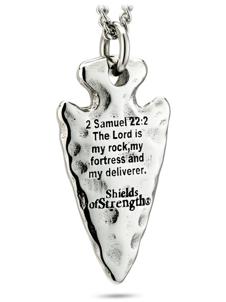 Women's Stainless Steel Rugged Arrowhead Necklace-2 Samuel 22:2-Back View