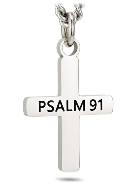 Men's Stainless Steel Psalm 91 Cross Necklace. Engraved Christian cross pendant, surgical steel, hypoallergenic, tarnish-free.- Front View Men's Stainless Steel Psalm 91 Cross Necklace. Engraved Christian cross pendant, surgical steel, hypoallergenic, tarnish-free.- Front View
