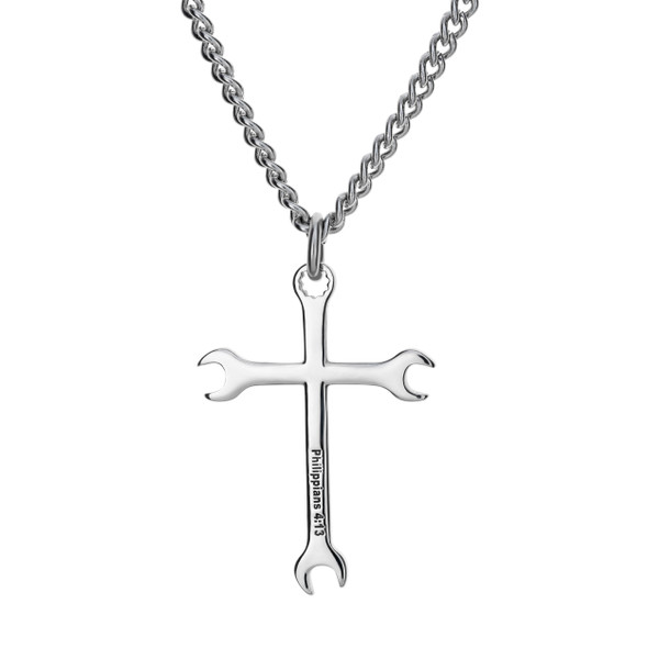 Shields of Strength Men's Wrench Cross Pendant Necklace, Stainless Steel, Philippians 4:13, Christian Mechanic Gift. FREE Shipping On $85+ USA Order-Front View Shields of Strength Men's Wrench Cross Pendant Necklace, Stainless Steel, Philippians 4:13, Christian Mechanic Gift. FREE Shipping On $85+ USA Order-Front View