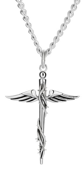 Men's Stainless Steel Medical Cross Necklace with Caduceus, Proverbs 17:22 inscription. Christian jewelry for doctors, nurses.-Front View Men's Stainless Steel Medical Cross Necklace with Caduceus, Proverbs 17:22 inscription. Christian jewelry for doctors, nurses.-Front View