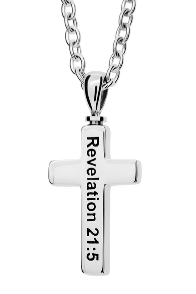 Shields of Strength Men's Stainless Steel In Memory Of Cross Necklace - Revelation 21:5-Back View Shields of Strength Men's Stainless Steel In Memory Of Cross Necklace - Revelation 21:5-Back View