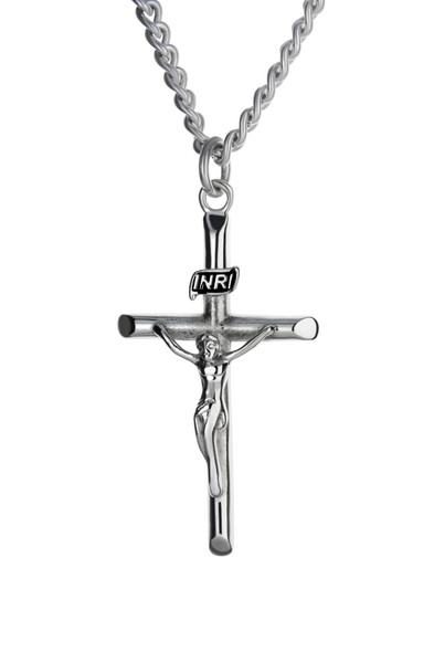 Shields Of Strength  Women's Stainless Crucifix Cross Necklace - John 19:30-Front View