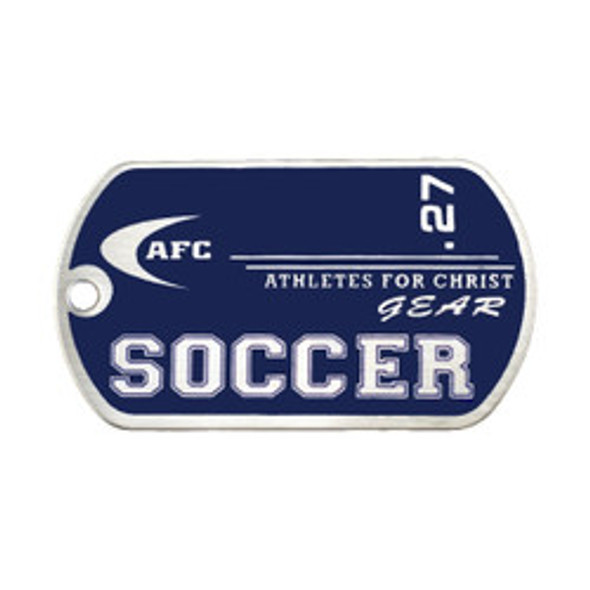 Shields Of Strength Soccer Stainless Steel-Blue Dog Tag Necklace-Phil 4:13 -Front View Shields Of Strength Soccer Stainless Steel-Blue Dog Tag Necklace-Phil 4:13 -Front View