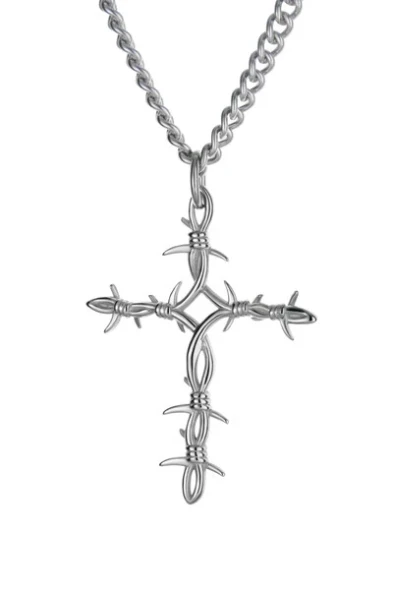 Men's Barbed Wire Cross Necklace - John 19:30 Stainless Steel Front View