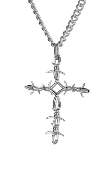 Men's stainless steel barbed wire cross necklace with John 19:30 inscription, on model, front view. Front View Men's stainless steel barbed wire cross necklace with John 19:30 inscription, on model, front view. Front View