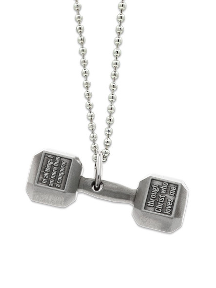 Shields Of Strength Men's Antique Finish Dumbbell Necklace-Romans 8:37-Front View Shields Of Strength Men's Antique Finish Dumbbell Necklace-Romans 8:37-Front View