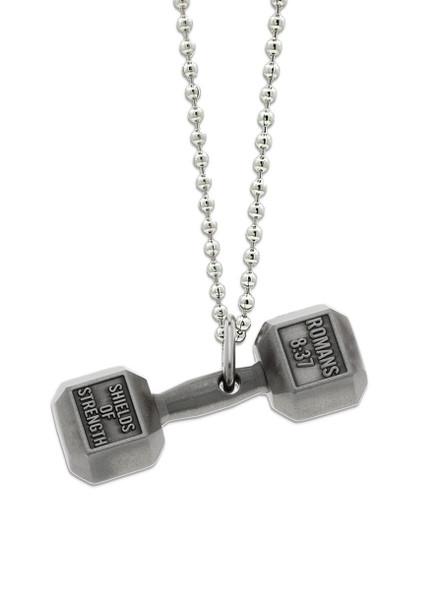 Shields Of Strength Men's Antique Finish Dumbbell Necklace-Romans 8:37-Back View Shields Of Strength Men's Antique Finish Dumbbell Necklace-Romans 8:37-Back View