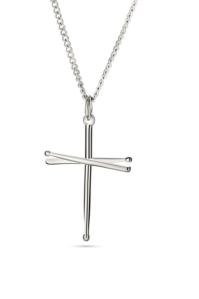 Stainless Steel Men's Drumsticks Cross Necklace with Psalm 101:1 Inscription-Front View