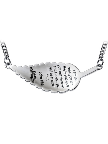 Shields Of Strength Women's Stainless Steel Leaf Necklace-John 15:5-Back View
Shields Of Strength Women's Stainless Steel Leaf Necklace-John 15:5-Back View