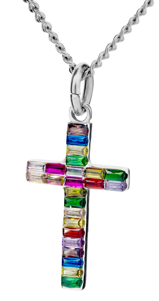 Women's Sterling Silver Revelation 21 Cross Necklace with colorful Zircon stones-Front View