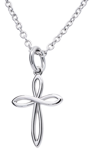 Dainty women's stainless steel cross necklace with Infinity symbol, inscribed Hebrews 13:8. Tarnish-free Christian pendant for her. -Front View Dainty women's stainless steel cross necklace with Infinity symbol, inscribed Hebrews 13:8. Tarnish-free Christian pendant for her. -Front View