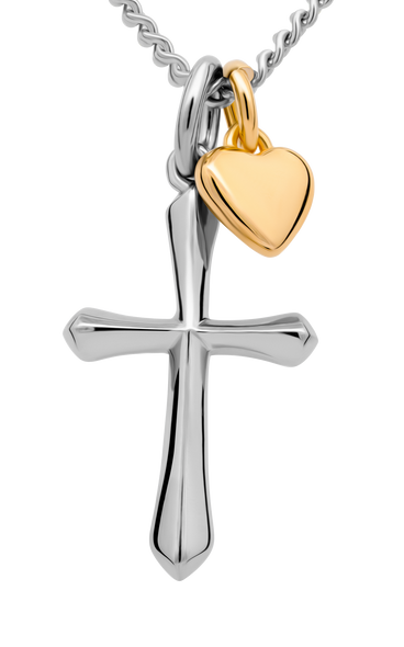 Shields of Strength women's Christian necklace with stainless steel cross and gold-plated heart charm, inscribed with scripture-Front View Shields of Strength women's Christian necklace with stainless steel cross and gold-plated heart charm, inscribed with scripture-Front View